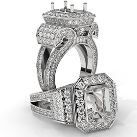 Emerald Diamond Vintage Semi Mount Engagement Ring 14k Gold Halo 2.7Ct