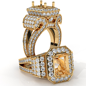 Emerald Diamond Vintage Semi Mount Engagement Ring 14k Gold Yellow Halo  (2.7Ct. tw.)