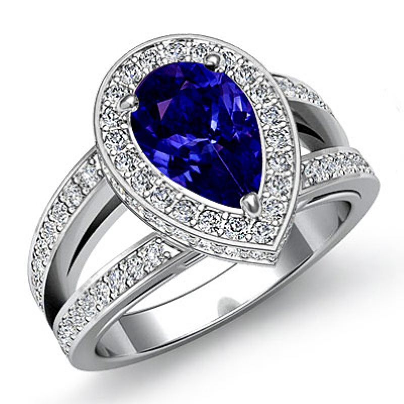 Split Shank Halo Pave Setting Pear diamond engagement Ring in 14k Gold White