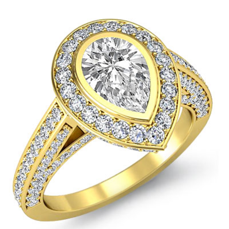 Bezel Halo Pave Sidestone Pear Diamond Engagement Ring 18k Yellow 