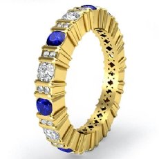 Round Sapphire Bar Set Diamond Eternity Wedding Band 18k Gold Yellow Women Ring  (0.81Ct. tw.)