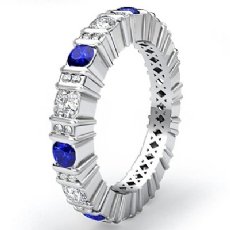 Round Sapphire Bar Set Diamond Eternity Wedding Band 14k WGold Women Ring 1.8Ct