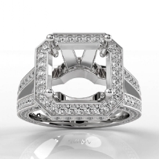 Halo Pave Set Diamond Engagement Ring 14K White Gold Asscher Semi Mount 1.5 Ctw.