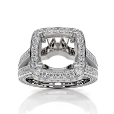 Halo Pave Set Diamond Engagement Ring 14K White Gold Cushion Semi Mount 1.5 Ctw.