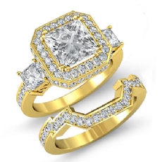 3 Stone Halo Pave Bridal Set diamond Ring 14k Gold Yellow