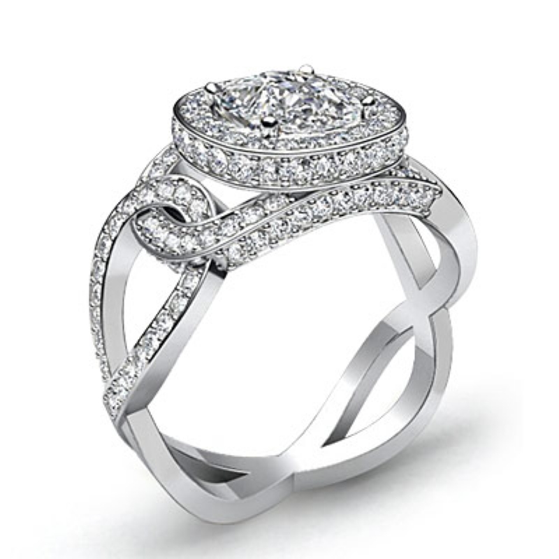 Twisted Shank Halo Pave Cushion Diamond Engagement Ring 14k White Gold