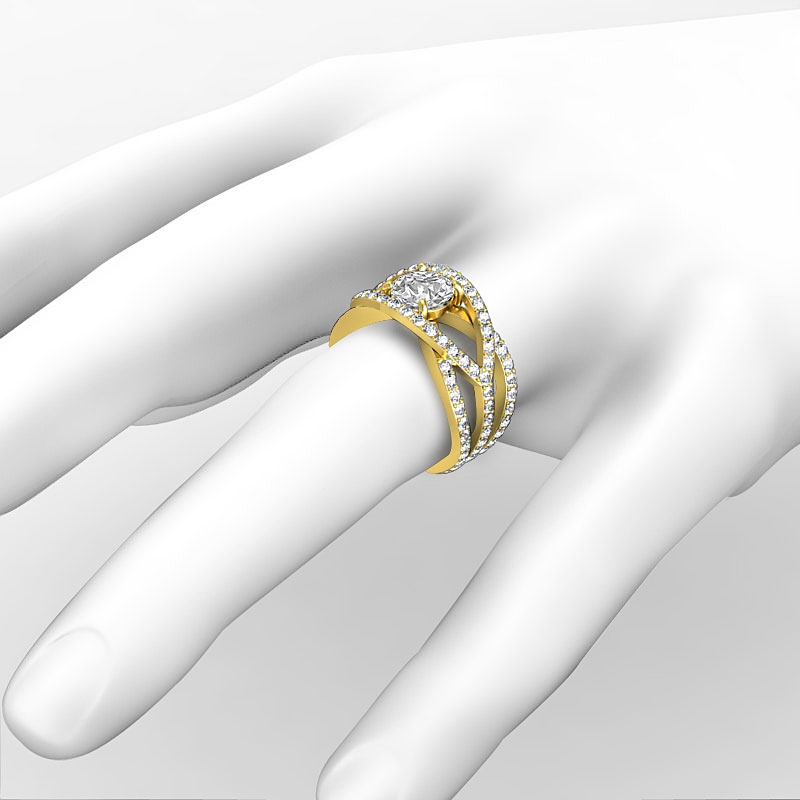 Pave Setting Sidestone diamond Ring 14k Gold Yellow