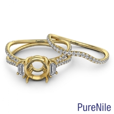 Three Stone Round Semi Mount Bridal Set Diamond Engagement Ring 14k Gold Yellow (0.95Ct. tw.)