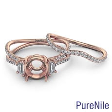 Three Stone Round Semi Mount Bridal Set Diamond Engagement Ring 14k Rose Gold (0.95Ct. tw.)