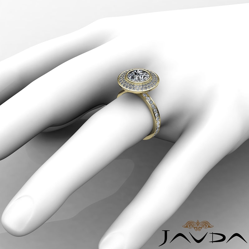 Double Halo Pave Bezel Set diamond Ring 14k Gold Yellow