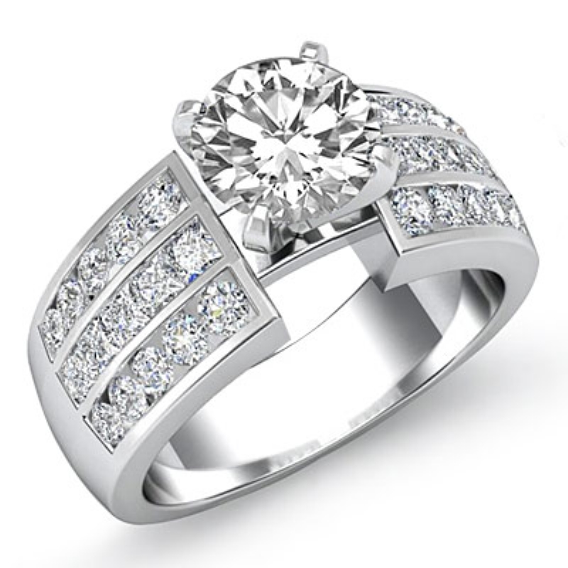 3 Row Channel Set Shank Round Diamond Engagement Ring 14k White 
