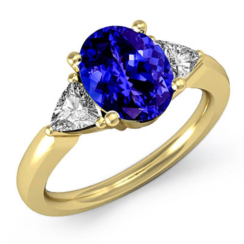 Triangle Three Stone Oval diamond Engagement Ring in 14k Gold Yellow