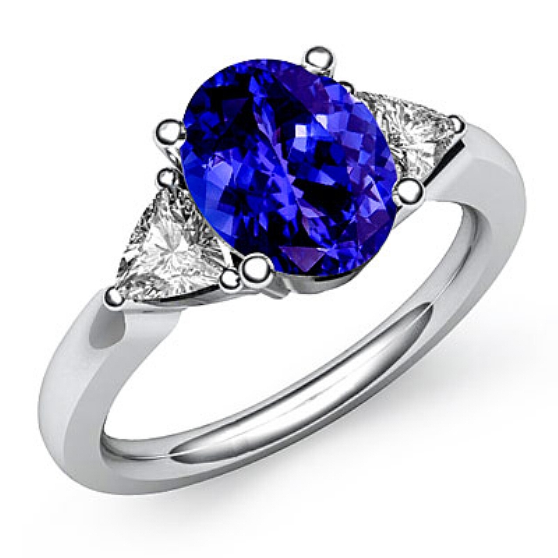 Triangle Three Stone Oval diamond Engagement Ring in 14k Gold White