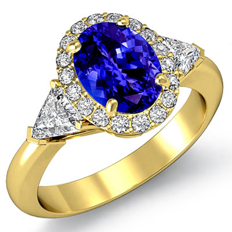 Three Stone Trillion Halo Oval diamond engagement Ring in 14k Gold Yellow