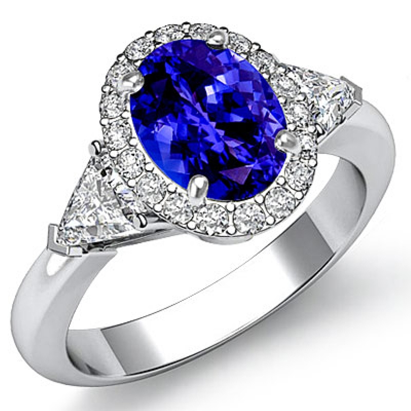 Three Stone Trillion Halo Oval diamond engagement Ring in 14k Gold White