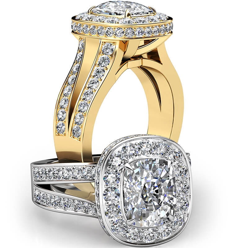 Split Shank Circa Halo Pave diamond Ring 14k Gold Yellow