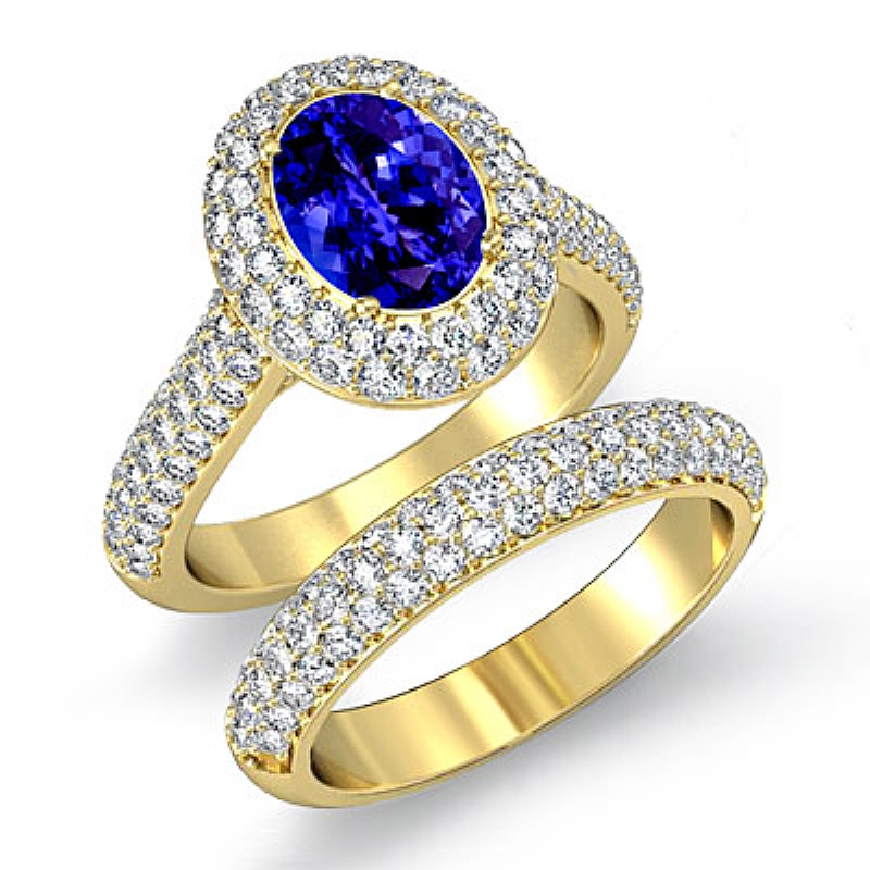 Double Halo Bridal Set Pave Oval diamond engagement Ring in 14k Gold Yellow