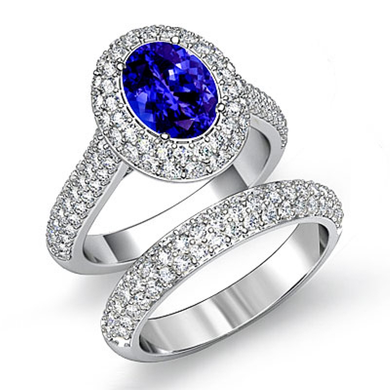 Double Halo Bridal Set Pave Oval diamond engagement Ring in 14k Gold White