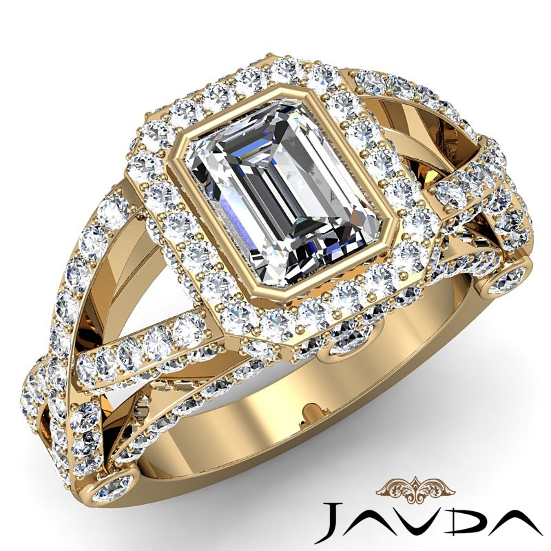 Cross Shank Bezel Halo Pave diamond Ring 14k Gold Yellow