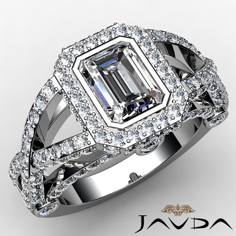 Cross Shank Bezel Halo Pave diamond Ring 14k Gold White