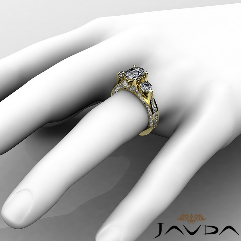 Three Stone Pave Bridge Accent diamond Ring 14k Gold Yellow