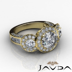 Halo Pave 3 Stone Filigree diamond Ring 14k Gold Yellow
