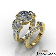 3 Stone Halo Bridal Set diamond Ring 18k Gold Yellow
