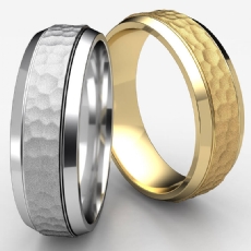 Hammered Center Beveled Edge Unisex White Gold Wedding Band