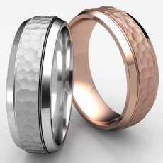 Hammered Center Beveled Edge Unisex  14k Rose Gold Wedding Band