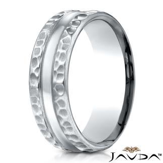 Hammered Finish Center Cut Unisex 14k Gold White Wedding Band