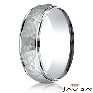 Polished Edge Hammered Finish Unisex Wedding Band 14k Gold White