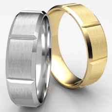 Beveled Edge Vertical Grooved Unisex Wedding Band 14k Gold Yellow