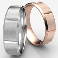 Beveled Edge Vertical Grooved Unisex Wedding Band 14k Rose Gold