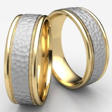Two Tone Gold Unisex Center Hammered Milgrain Wedding Band