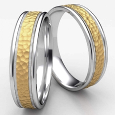 Unisex Two Tone Gold Hammered Center Milgrain Wedding Band