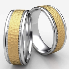 Two Tone Gold Unisex Hammered Milgrain Carved Wedding Band
