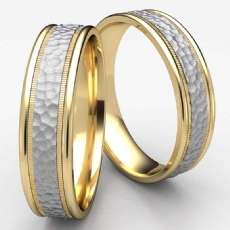 Unisex Hammered Milgrain Two Toned Gold Carved Wedding Band