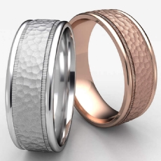 Hammered Center Milgrain Edge Unisex Wedding Band 14k Rose Gold