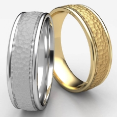 Unisex Hammered Finish Milgrain Edge White Gold Wedding Band
