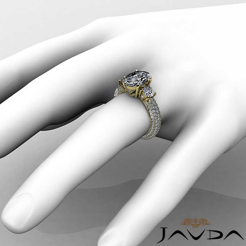 4 Row Pave Shank Three Stone diamond Ring 18k Gold Yellow