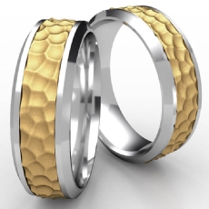 Hammered Drop Beveled Edge Two Tone Gold Unisex Wedding Band