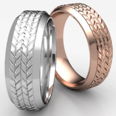 Tire Tread Pattern Bevel Edge 14k Rose Gold Men's Wedding Band
