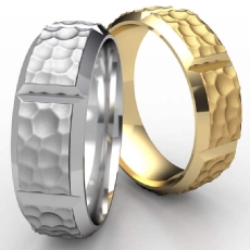 Hammered 8 Cuts Beveled Edge Men's 14k Gold Yellow Wedding Band