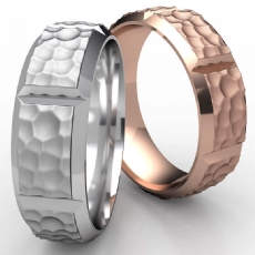 Hammered 8 Cuts Beveled Edge Men's 14k Rose Gold Wedding Band