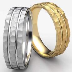 Hammered Center Polish 2 Cuts Wedding Band Unisex 14k Gold Yellow