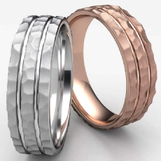 Hammered Center Polish 2 Cuts Wedding Band Unisex 14k Rose Gold