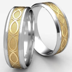 Fish Pattern Drop Bevel Edge Unisex 2 Tone Gold Wedding Band