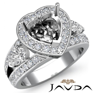 1.5Ct 3Stone Diamond Engagement Ring Halo Setting Platinum 950 Heart SemiMount