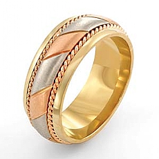 14k Tri Color Gold Wedding Band Ring w/ Rope Stripped Design 8mm