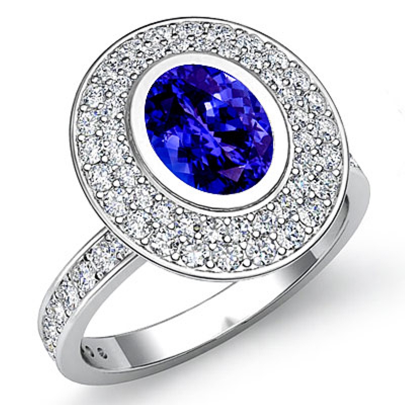 2 Row Halo Pave Bezel Set Oval diamond engagement Ring in 14k Gold White